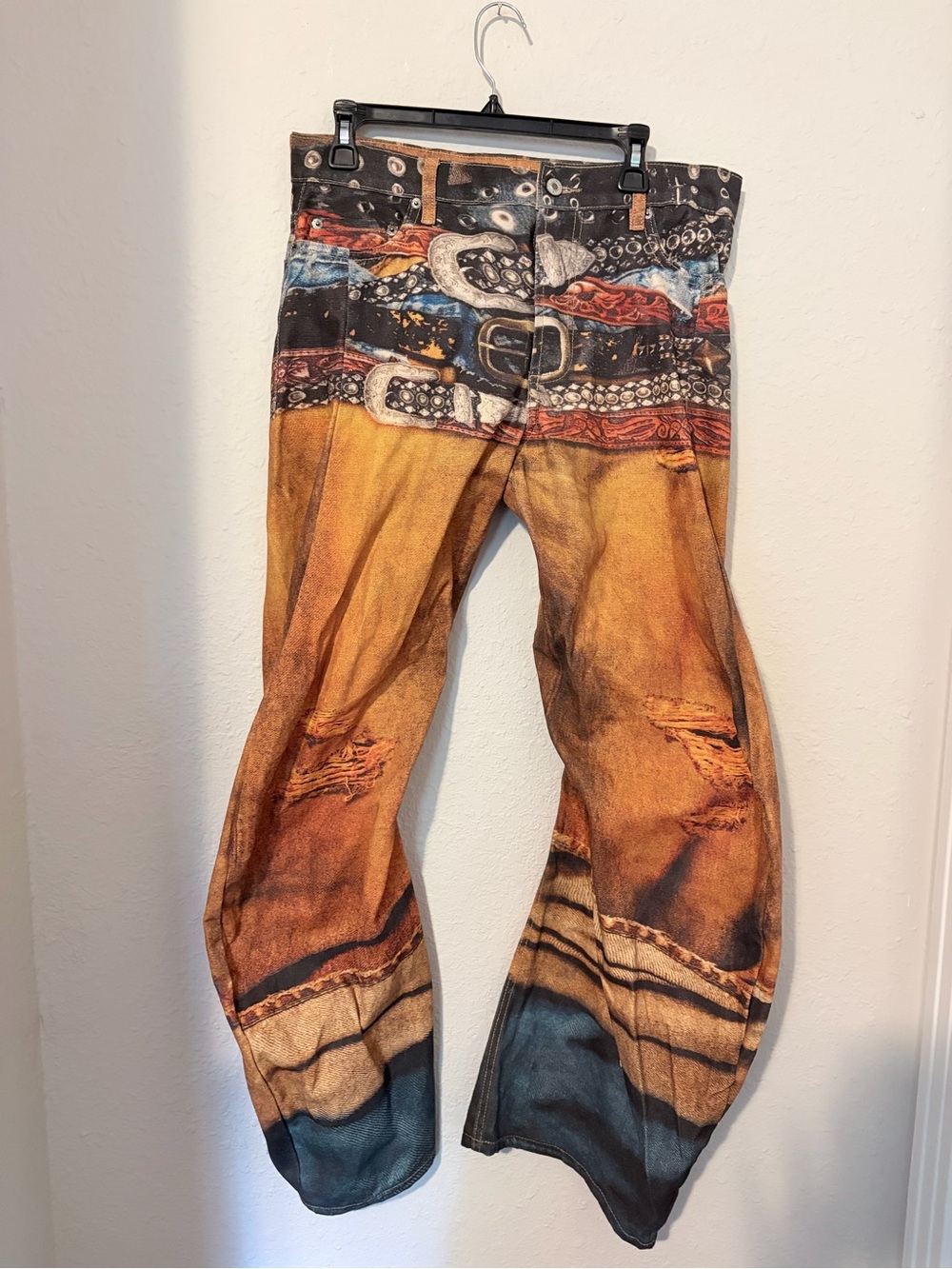 Acne Wide Leg Pants in Burnt Orange, Blue and Black Print